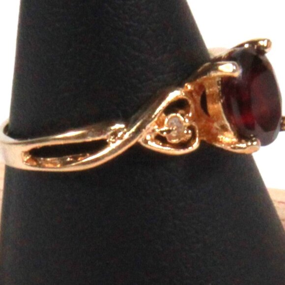 Vintage Gold Tone Ring with a Faux Garnet and Clear Rhinestones - Picture 7 of 7